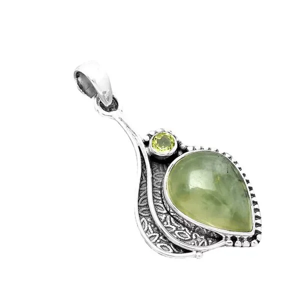 Prehnite & Peridot Solid 925 Sterling Silver Pendant - Picture 2 of 3